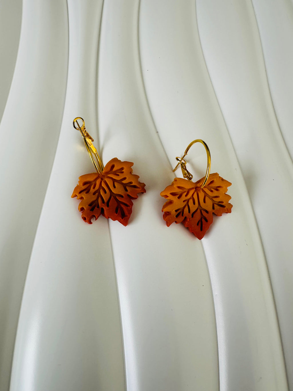 Golden Brown Leaf Earrings – Handmade Polymer Clay Hoops for Fall