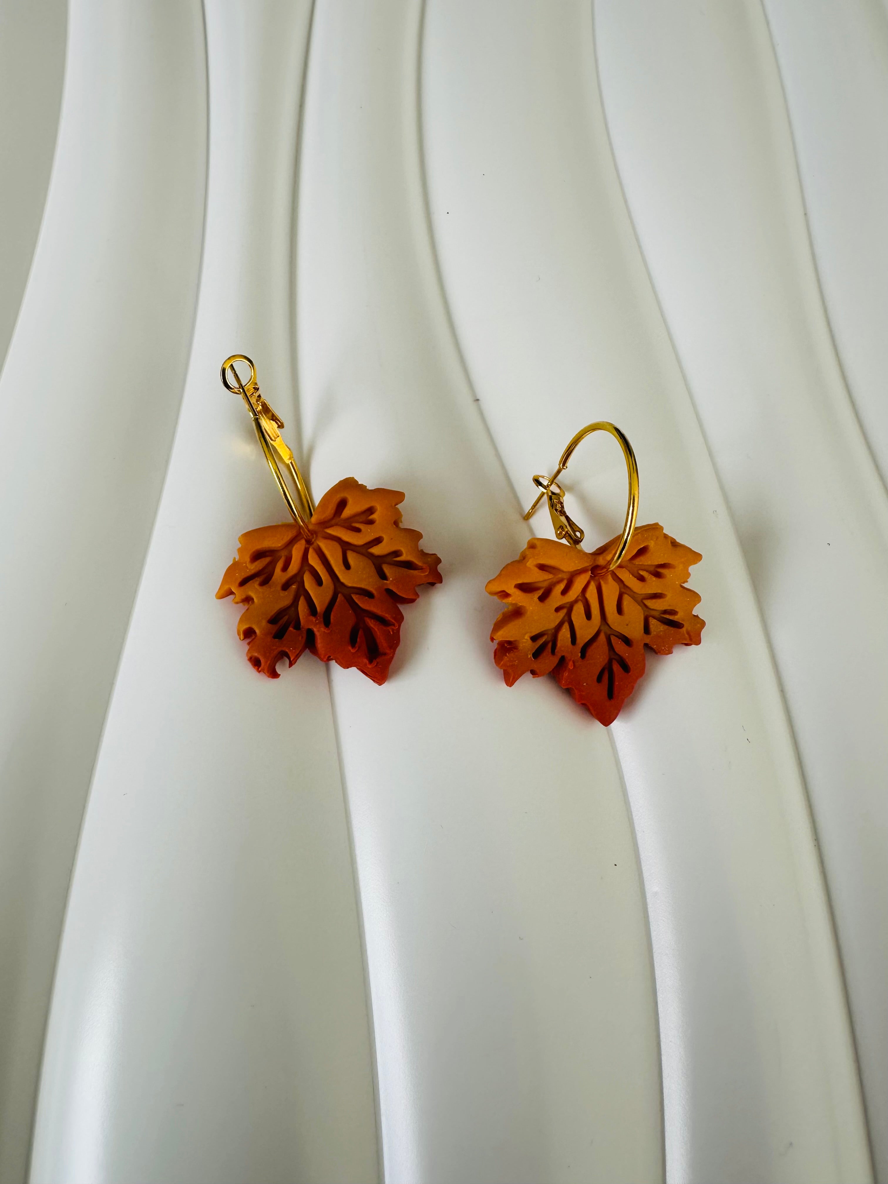 Golden Brown Leaf Earrings – Handmade Polymer Clay Hoops for Fall